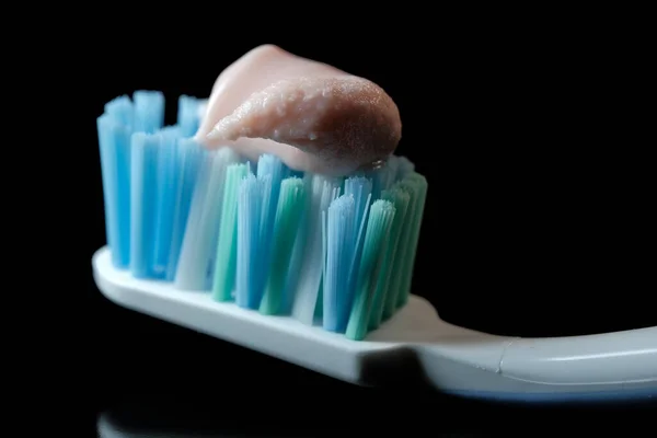 Toothbrush Light Pink Toothpaste Black Background Close Macro Photography — Stock Photo, Image