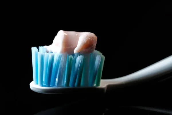 Toothbrush Light Pink Toothpaste Black Background Close Macro Photography — Stock Photo, Image