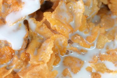 Kahvaltıda yakın çekim makro fotoğrafçılık için şekerli mısır gevreği ve süt.