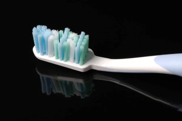 Clean New Toothbrush Black Mirror Background Close Macro Photography — Stock Photo, Image