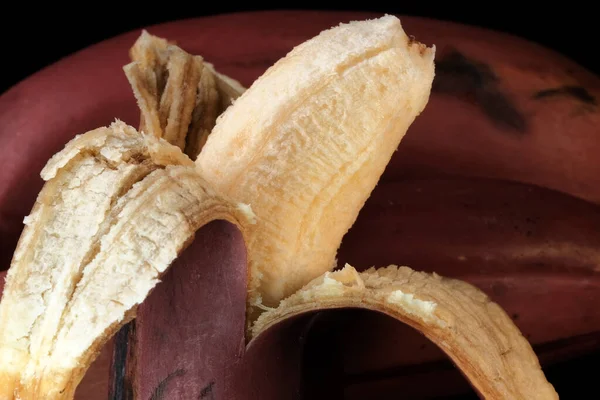 Delicious Sweet Ripe Red Banana Close Black Background Macro Photography — Stock Photo, Image