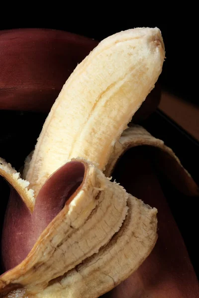 Delicious Sweet Ripe Red Banana Close Black Background Macro Photography — Stock Photo, Image