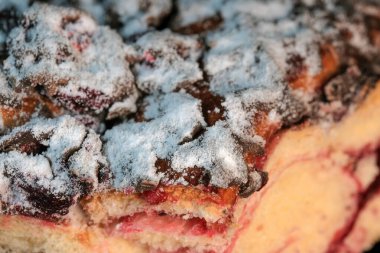 Çikolata kremalı vişneli turta üzerine pudra şekeri serpiştirilmiş, yakın plan makro fotoğraf.