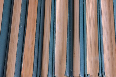 Benzer yeşil ciltlerde eski püskü kitaplar ahşap bir masanın üzerinde duruyor.