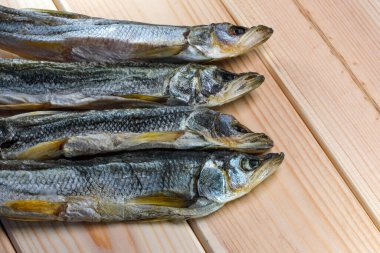 Balık resmi çiğ tuzlu eritilmiş açık ahşap arka planda yakın plan makro fotoğraf.