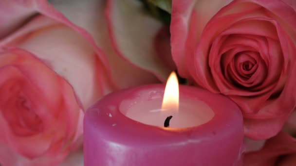 Video Clip Red Paraffin Candle Burning Next Lying Roses Close — Stock Video