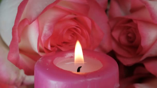 Video Clip Red Paraffin Candle Burning Next Lying Roses Close — Stock video