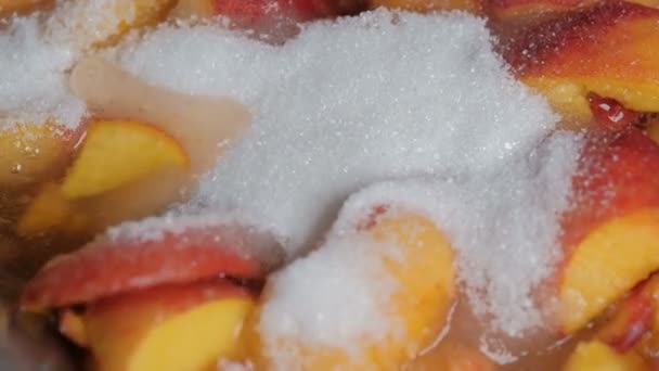 Herstellung Von Marmelade Aus Reifen Saftigen Süßen Pfirsichfrüchten Nahaufnahme Makrofotografie — Stockvideo