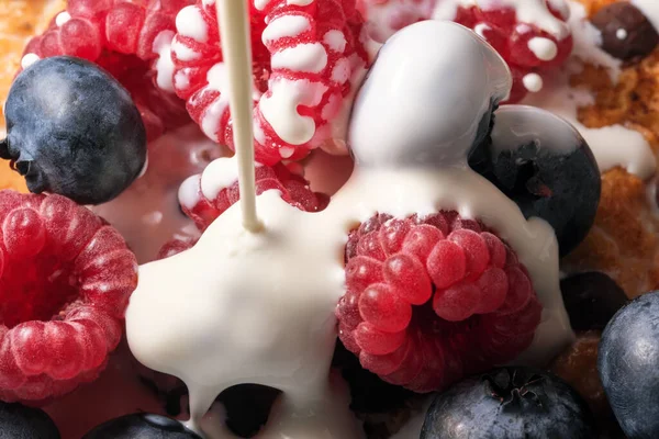 Mix of sweet berries with cream and cookies with chocolate close-up macro photography