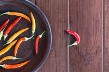 Evde ızgara kırmızı ve sarı biber ocağın üstünde, kahverengi kil tabakta, ahşap arka planda yakın plan.