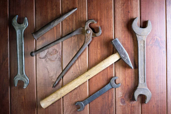 Old Locksmith Iron Tools Dark Brown Wooden Background — Stock Photo, Image