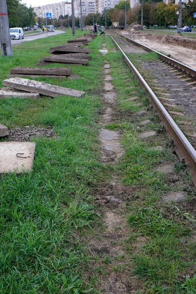 Ersättning Gamla Spårvagnsspår Kiev September 2021 Förberedelse För Att Lägga — Stockfoto