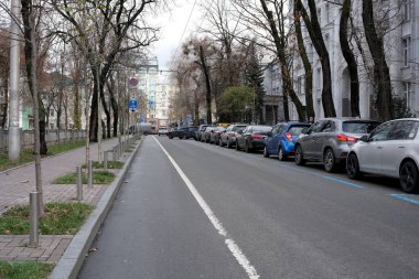 Sakin bir bulvar bulutlu gökyüzünün altındaki kaldırım boyunca park edilmiş arabaları sergiliyor. 24 Kasım 2025, Kyiv, Ukrayna, Shevchenko Bulvarı