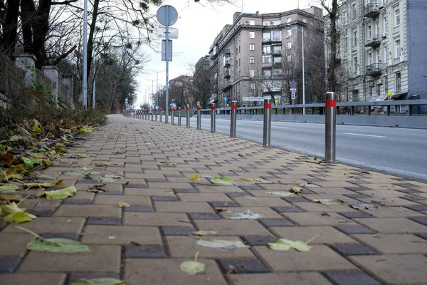 Sakin bir şehir kaldırımı, patika boyunca düşen yaprakları ve korkulukları gösteriyor. 24 Kasım 2025 Kyiv, Ukrayna