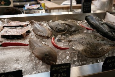 Çeşitli balık ve deniz ürünleri, canlı bir pazarda müşteriler için buzun üzerinde yatar. Besarabsky Pazarı. Kyiv, Ukrayna. 16 Aralık 2025.