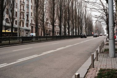Sakin şehir yolu, gri bir gökyüzünün altında uzun ve çıplak ağaçlar içerir ve az sayıda araba geçer. Shevchenko Bulvarı. Kyiv, Ukrayna. 16 Aralık 2025.