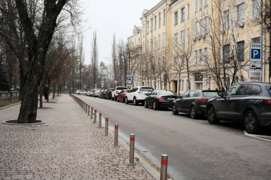 Arabalar çorak ağaçları ve yakınındaki altın binaları olan sessiz bir cadde boyunca park halindedir. Shevchenko Bulvarı. Kyiv, Ukrayna. 16 Aralık 2025.