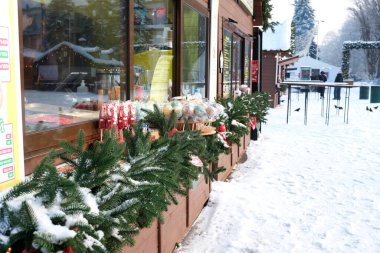 Şenlikli tezahürat ve süslü yeşilliklerle dolup taşan büyüleyici kış pazarı. Kyiv, Ukrayna, Ukrayna Expocenter 'ı. 14 Ocak 2026.