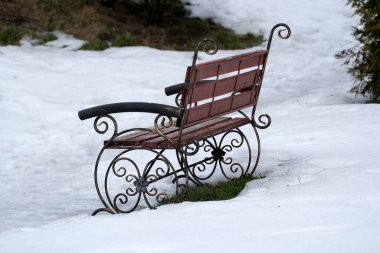 Huzurlu bir kış manzarasıyla çevrili, karlı bir bahçede, büyüleyici bir bank sessizce oturur..