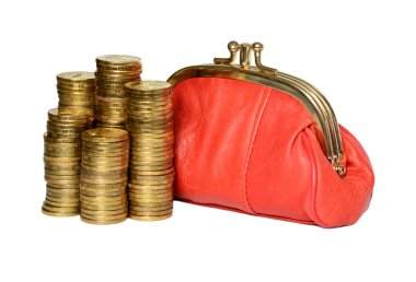 Kırmızı cüzdan ve madeni paralar.