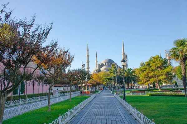 伊斯坦布尔美丽的蓝色清真寺与蓝天相映成趣 — 图库照片