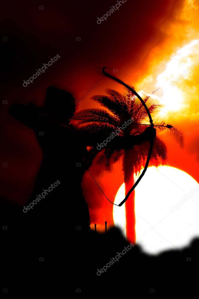 A metaphorical image of an ancient warrior in a blurry warzone during sunrise or sunset.