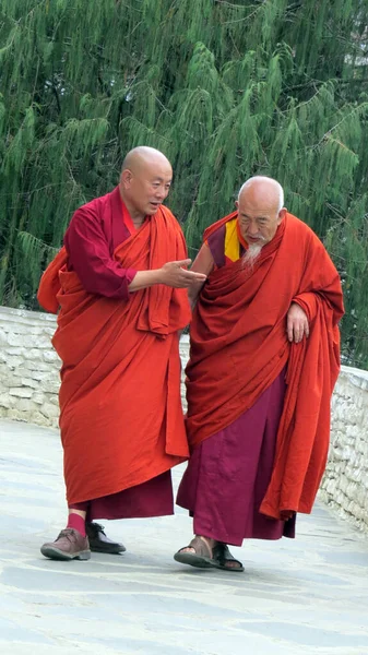 Dos Monjes Budistas Mayores Bután Caminando Por Sendero —  Fotos de Stock