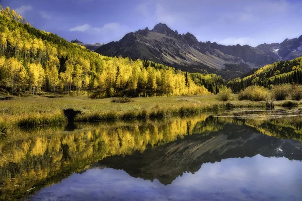 Sneffels Drzewa Aspen Odbijają Się Stawie Bobrowym Łańcuchu Górskim Colorado — Zdjęcie stockowe