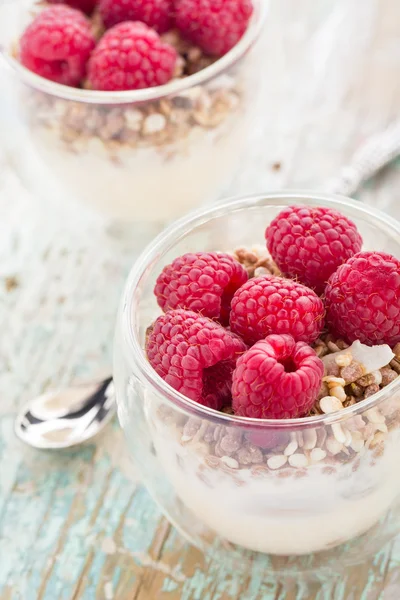 Yogurt with muesli and fresh raspberries — Stock Photo, Image