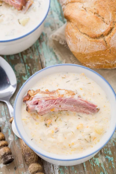 Cheese soup with smoked ribs — Stock Photo, Image