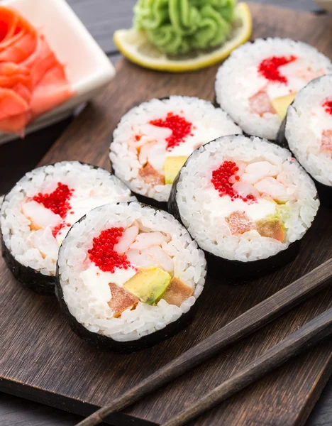 Sushi rolls with tobiko and shrimps — Stock Photo, Image