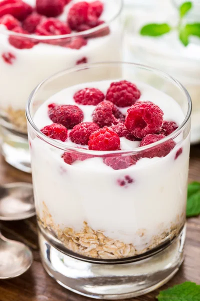 Yogurt con muesli e lamponi — Foto Stock