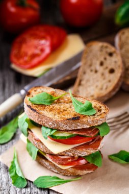 Jambonlu, peynirli ve sebzeli sandviç.