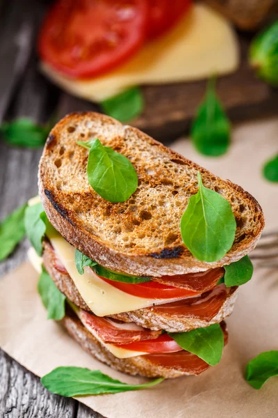 Sándwich con jamón, queso y verduras — Foto de Stock