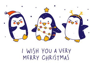 Beyaz arka planda izole edilmiş şirin penguenler. Komik Noel ve yeni yıl tatili tebrik kartı ve poster tasarımı için çizgi film karakterleri.