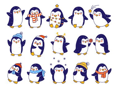  Beyaz arka planda izole edilmiş şirin penguenler. Komik Noel ve yeni yıl tatili tebrik kartı ve poster tasarımı için çizgi film karakterleri.