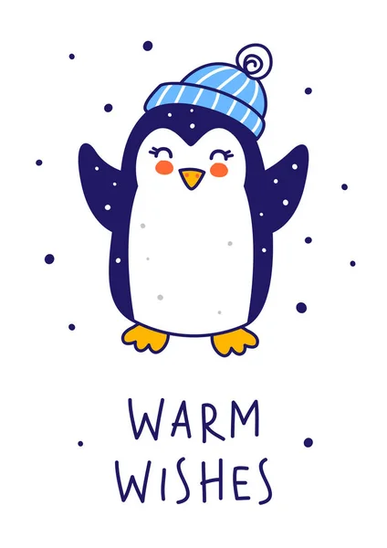 Mignon Petit Pingouin Portant Chapeau Chaud Isolé Sur Fond Blanc — Image vectorielle