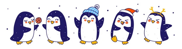 Маленькі Пінгвіни Ізольовані Білому Тлі Персонажі Карикатур Забавних Свят Різдва — стоковий вектор