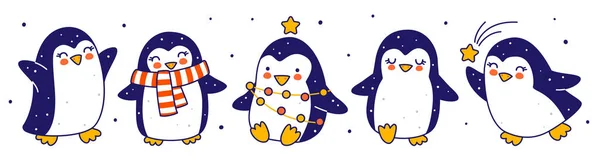 Borda Pequenos Pinguins Bonito Isolado Fundo Branco Personagens Desenhos Animados — Vetor de Stock