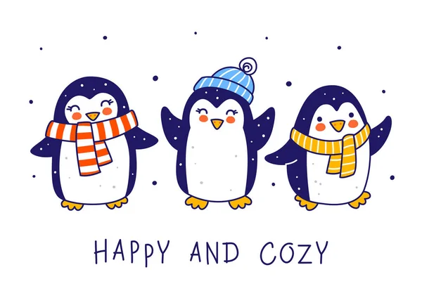 Cute Little Penguins Isolated White Background Cartoon Characters Funny Christmas — Stock Vector