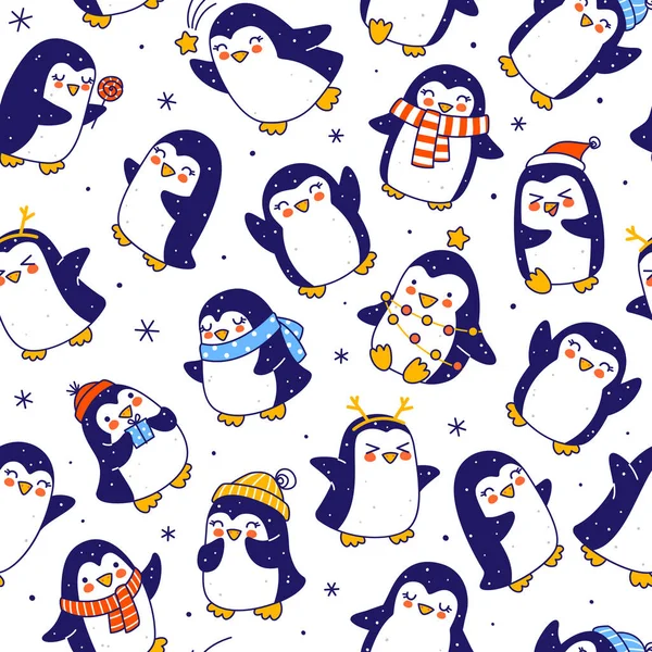 白で隔離されたかわいいペンギンの国境でシームレスなパターン 面白いクリスマスと新年の休日の繊維と包装紙のデザインのための漫画のキャラクターの背景 — ストックベクタ