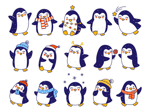  Набор милых пингвинов на белом фоне - мультяшные персонажи для веселых рождественских и новогодних праздников
