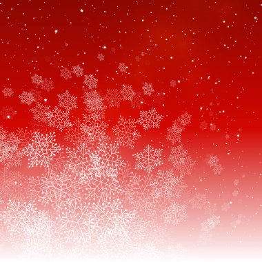 Yıldızlı kırmızı arka planda Noel kar taneleri - kış tatilleri için vektör selamlama tasarımı