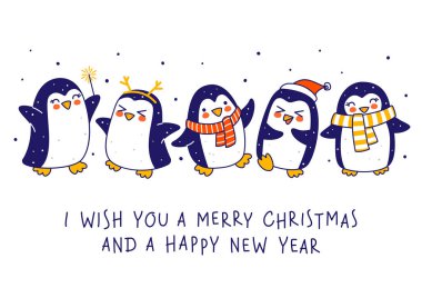 Beyaz arka planda izole edilmiş sevimli küçük penguenler. Çizgi film karakterleri komik Noel ve yeni yıl tatili tebrik kartı ve poster tasarımı için sınırdalar.