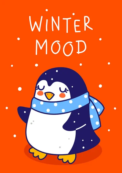 可爱的小企鹅 背景为红色 头戴蓝色针织围巾 这是圣诞节和新年贺卡及海报设计的卡通人物 — 图库矢量图片