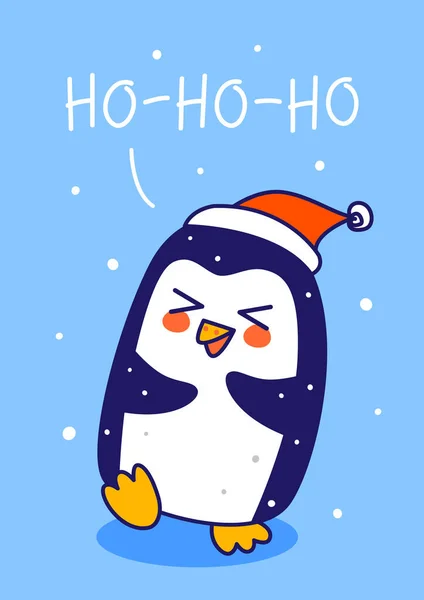 Pinguim Pequeno Bonito Usando Chapéu Papai Noel Fundo Azul Personagem — Vetor de Stock