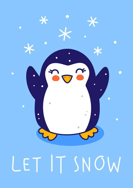 Милий Маленький Пінгвін Снігом Синьому Фоні Мультиплікаційний Персонаж Смішних Різдвяних — стоковий вектор