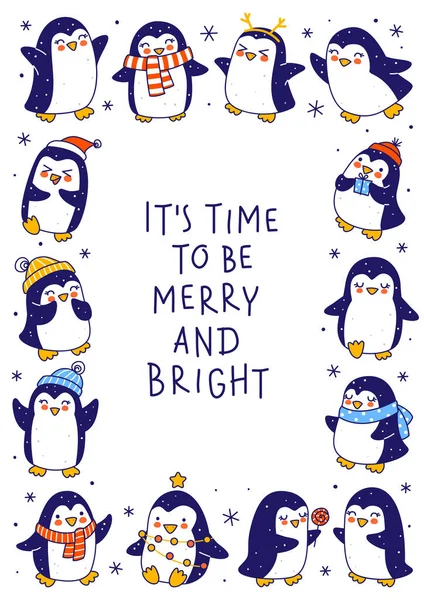 白い背景に隔離されたかわいいペンギン 面白いクリスマスと新年の挨拶カードとポスターデザインのための漫画のキャラクター垂直フレーム — ストックベクタ