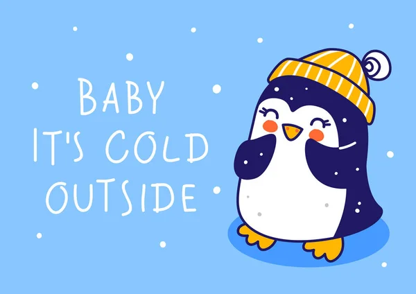 Schattige Kleine Pinguïn Draagt Warme Gebreide Hoed Blauwe Achtergrond Stripfiguur — Stockvector