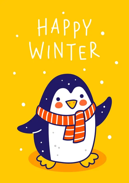 Leuke Kleine Pinguïn Draagt Warme Gebreide Sjaal Gele Achtergrond Stripfiguur — Stockvector